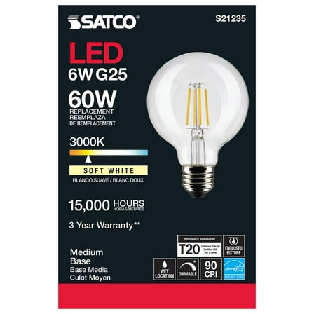 Satco S21235 G25 Globe LED Light Bulbs 6W 120V 3000K 90CRI E26 Medium Base Dimmable (6 Pack)