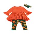 thumbnail image 1 of Kids Tracksuit Flared Sleeve Blouse + Pumpkin Print Pants + Hairband Set, 1 of 9