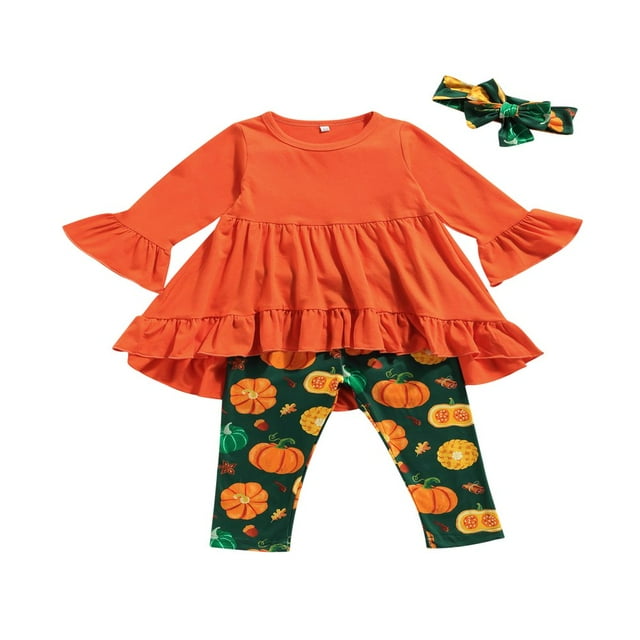 MesaSe Kids Tracksuit Flared Sleeve Blouse + Pumpkin Print Pants + Hairband Set