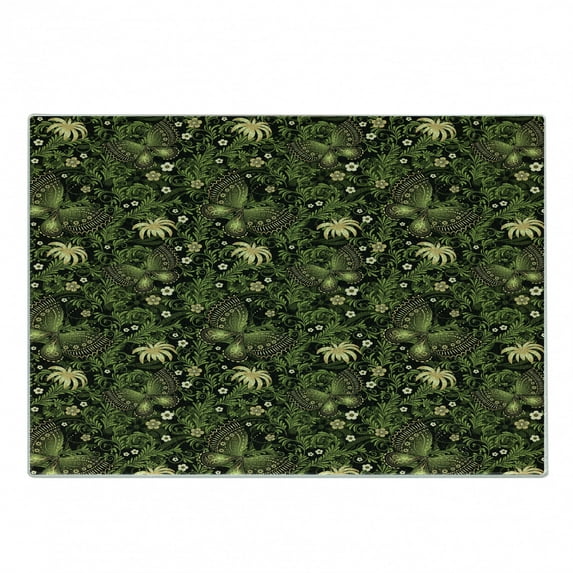 Sage Cutting Board, Spring Inspired Ornaments Butterflies Little Blossoms Swirled Leaves Vintage, Decorative Tempered Glass Cutting and Serving Board, Small Size, Yellow Black Green, by Ambesonne