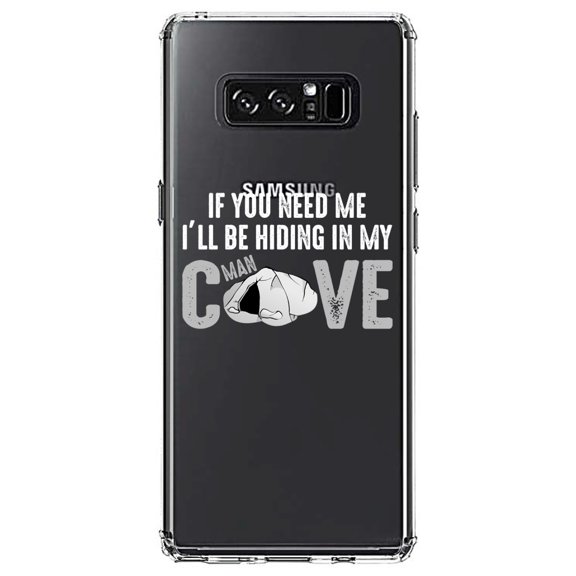 DistinctInk Clear Shockproof Hybrid Case for Samsung Galaxy Note 8 - TPU Bumper Acrylic Back Tempered Glass Screen Protector - If You Need Me I'll Be Hiding in My Man Cave