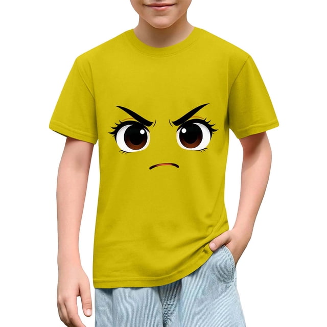 Blusas y camisas de manga corta con cuello redondo para niños y niñas, color liso, con estampado de expresión linda, manga corta, holgadas y cómodas, blusa para niña