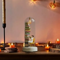 Miniature Book Nook Reading Girl Figurine with LED Light, Creative Bookshelf Decor, Dome Glass Cover, Unique Gift for Book Lovers, Desk Ornament for Home
