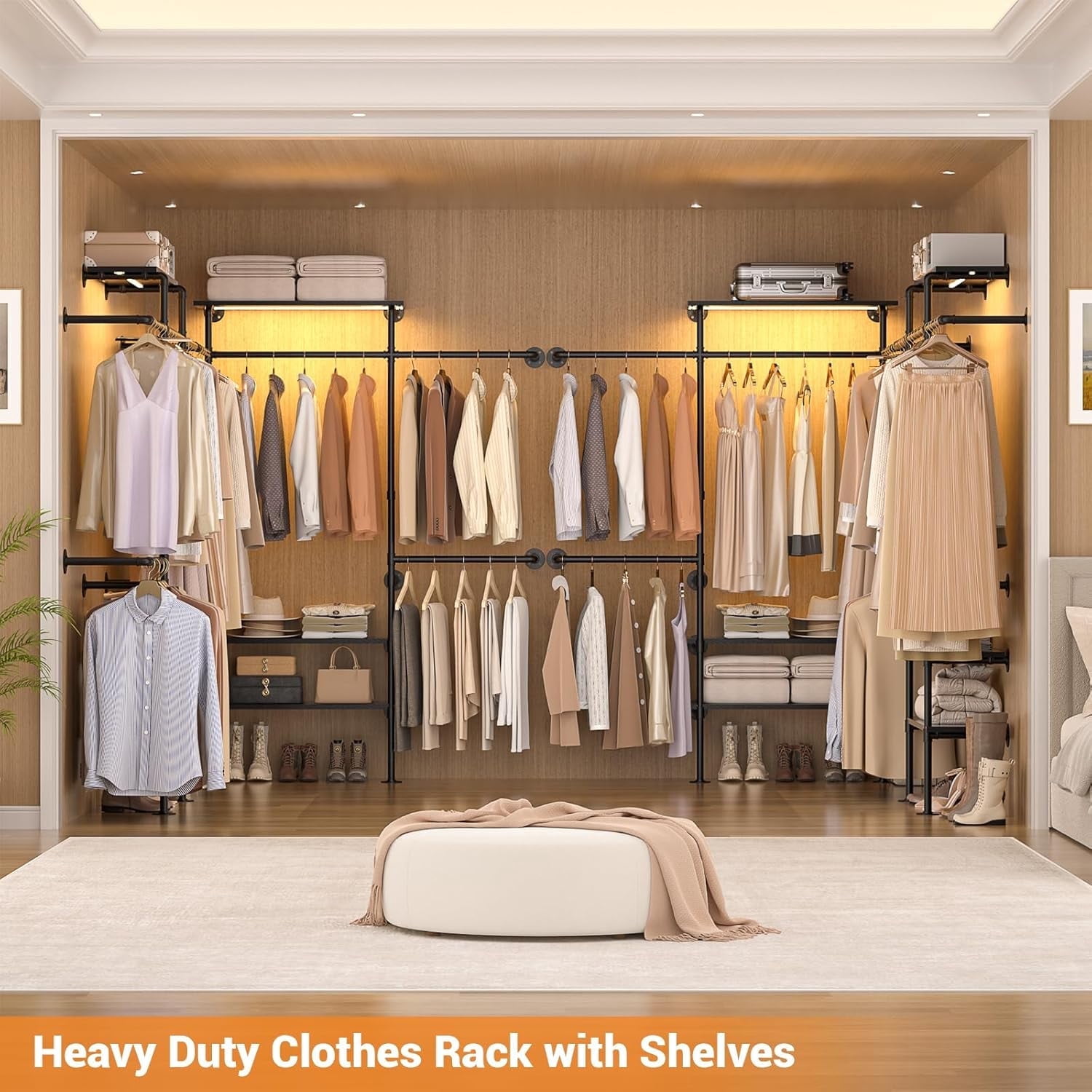 Homieasy Industrial Pipe Clothing Rack, Reversible 7.25FT Wall Mounted Clothes Rack, Heavy Duty Garment Racks Closet Wardrobe with LED Lights& Shelves, Walk-in Closet System, Black