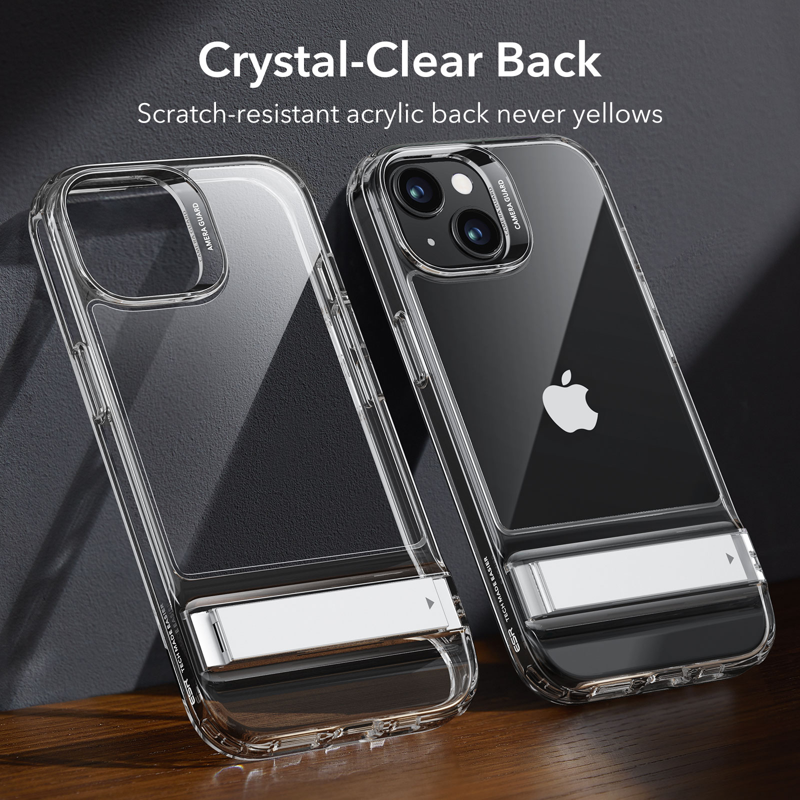 ESR Metal Kickstand Case for iPhone 15 Case 2023, Patented Two-Way Stand Reinforced Drop Protection Slim Flexible Back Cover, Clear