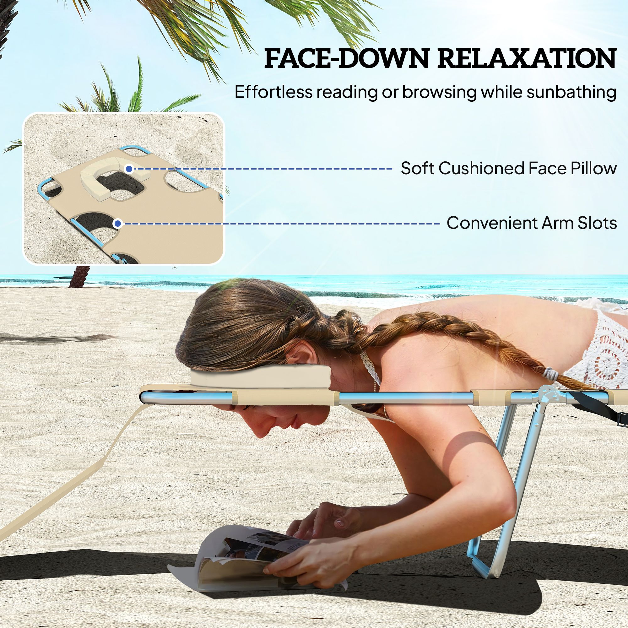 5-Position Reclining Facing Down Tanning Lounge Chair, Foldable Beach Chaise Lounge with Face Hole, Side Storage Pocket, Supports 264 LBS for Patio Poolside Outdoor Sunbathing
