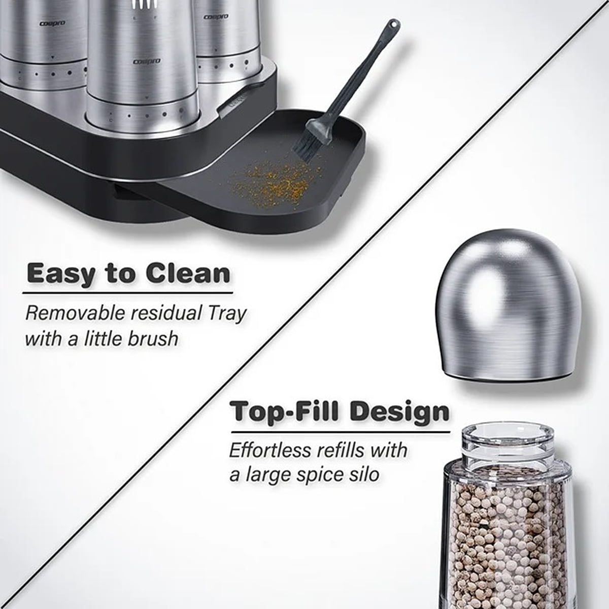 COSPRO 3-in-1 Wireless Charging Electric Salt and Pepper Grinder Set, Rechargeable Automatic Stainless Steel Spices Mill Set - One-Hand to Operate, Adjustable Coarseness, Easy Cleaning