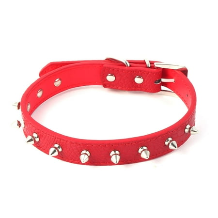 - Pet Dog Puppy PU Leather Rivet Studded Neck Strap Collar Red Silver Tone Size L