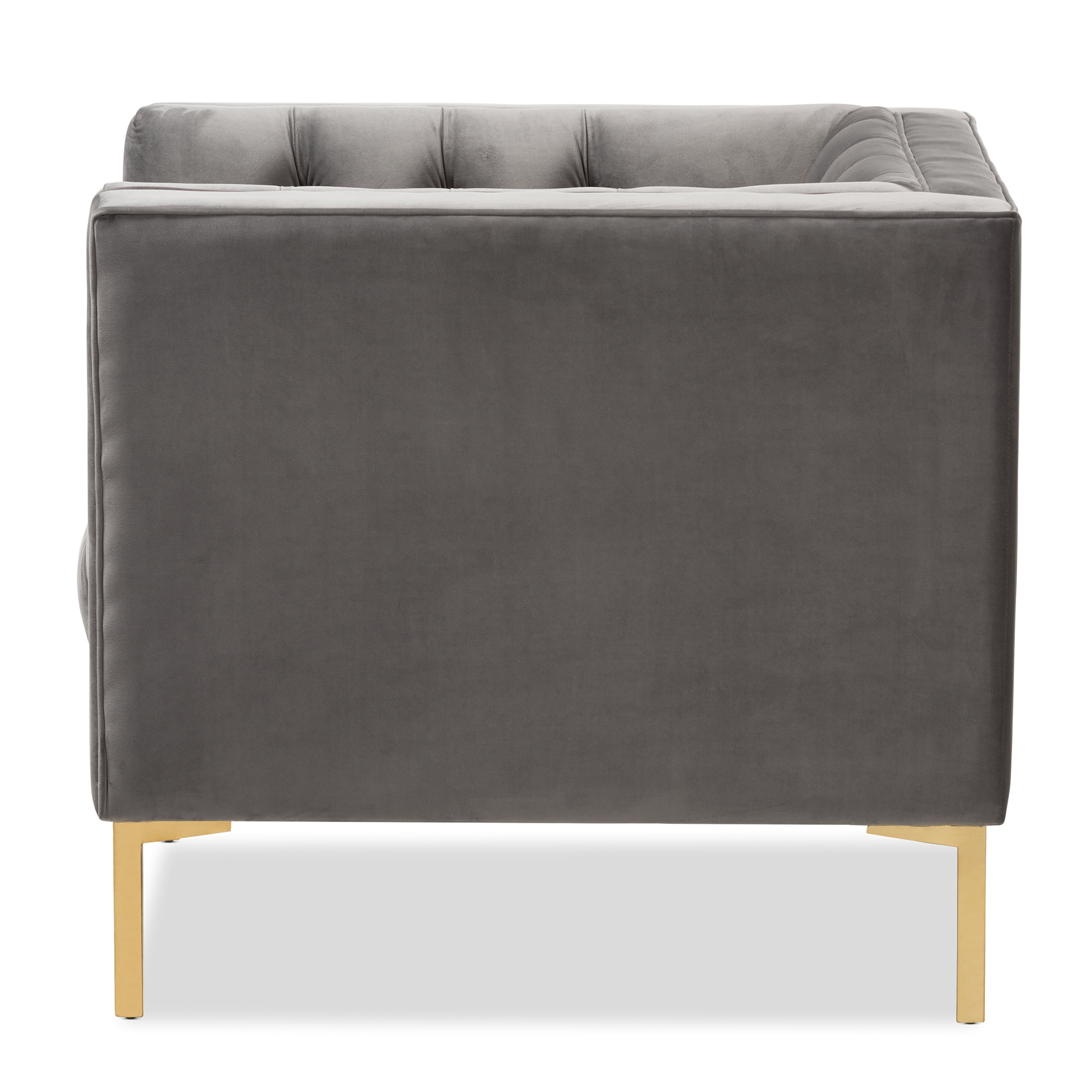 Zahir Luxe and Glamour Grey Velvet Upholstered Gold Finished Lounge Chair by Ember Interiors