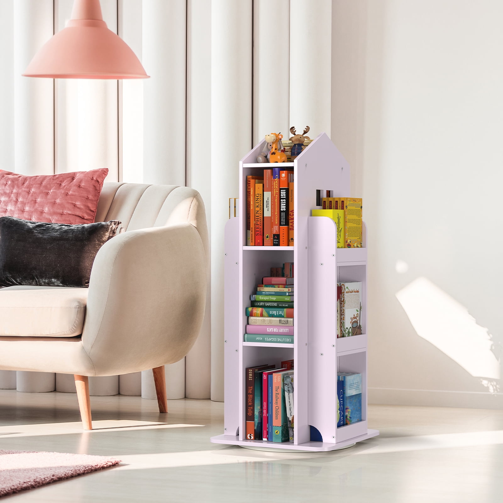 360° Rotating Kids Bookshelf, Pink Engineered Wood House-Shaped Bookcase, 38in Tall Storage Organizer for Bedroom, Playroom, Living Room