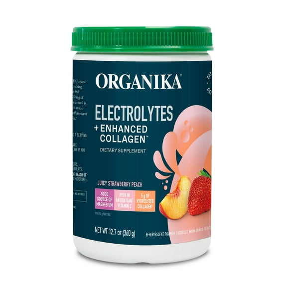 Organika Sports Hydration Drink Mix - 5g Protein, Collagen, Electrolytes, Vitamins, No Sugar - Strawberry Peach - 30 Servings