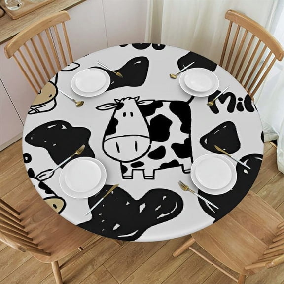 HAOXIT Fitted Round Tablecloth Cow,cute farm animal black and white Table cover,Elastic Edged Table Cloth Fits Round Tables 31"-35