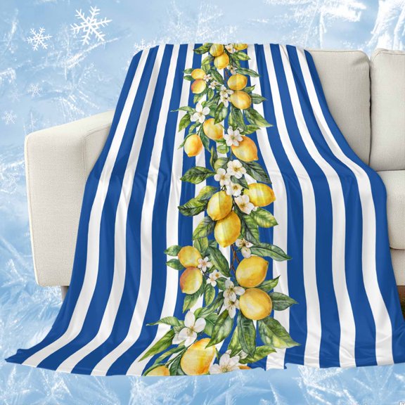 Blue Stripes Lemon Cooling Blanket,Lightweight Breathable Summer Throw Blanket with Double Sided Cold Effect,Spring Fruit Flowers Leaves Line Picnic Blankets Bed Sheet for Hot Sleepers 50"x60"