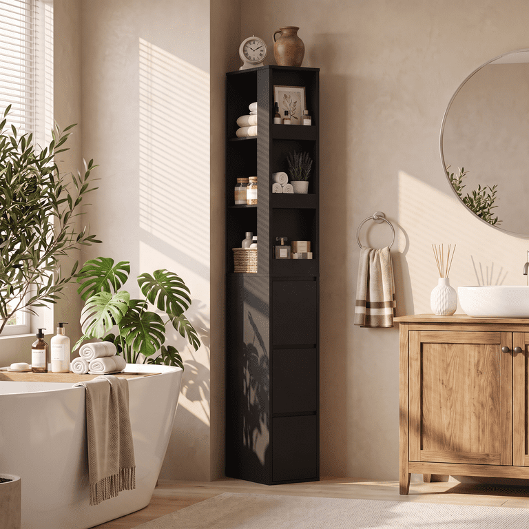 Lacoo 67''H Bathroom Storage Cabinet with 3 Drawers and Adjustable Shelves, Narrow Freestanding Linen Tower, Reversible Slim Organizer for Bathroom, Laundry Room and Kitchen, Black