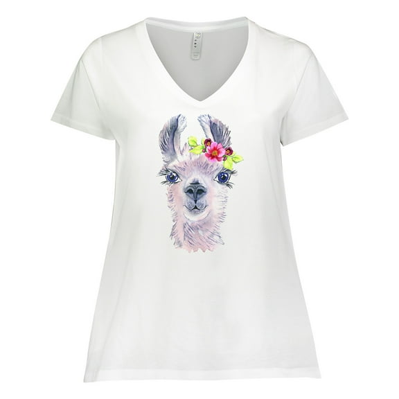 Inktastic Cute Llama with Flower Women's Plus Size V-Neck T-Shirt