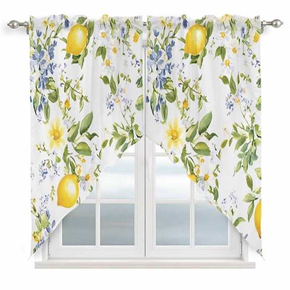 Summer Lemon Kitchen Window Curtains, Swag Curtains Valance for Bedroom Living Room Bathroom, Watercolor Yellow Spring Floral Botanical Rod Pocket Window Curtain Block Drapes 2 Panels 36"x45"
