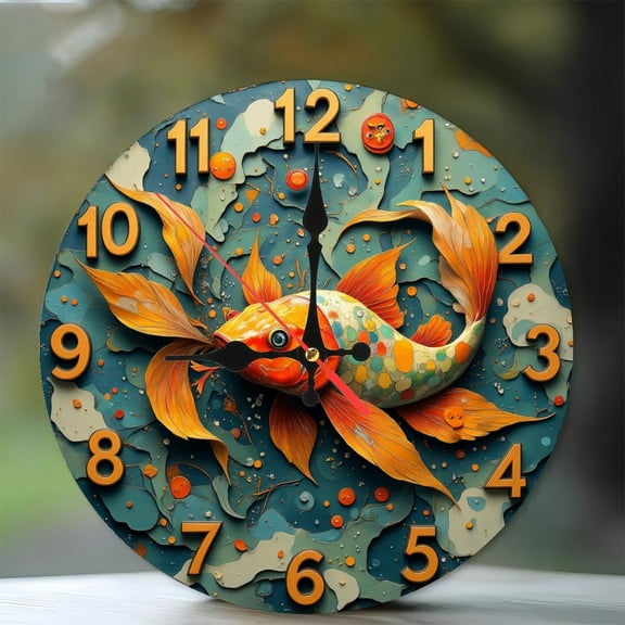 Artistic Fish Wall Clock 10-Inch Silent Wooden Wall Clock, Battery Operated (AA Batteries Not Included), Artistic Home Decor