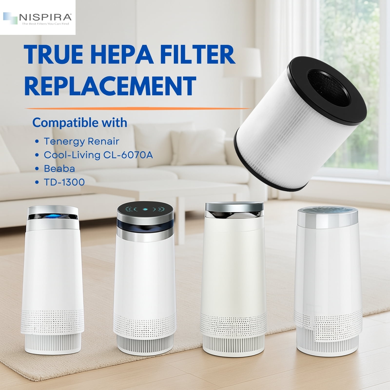 Nispira TD-1300 4-in-1 True HEPA Replacement Filters Compatible with Tredy TD-1300, Tenergy Renair, Cool-Living CL-6070A, BEABA Air Purifier, 2 Packs