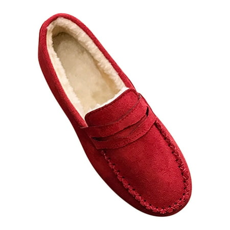 hopeusnice Clearance Women s Suede Loafers Winter Warm Plush Fuzzy Fleece Lined Slip On Shoes Flats Comfortable Cozy Indoor Outdoor Footwear Red 39