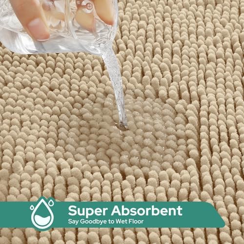 3 Pieces Beige Bathroom Rugs Set, Ultra Soft Non Slip Bath Rug and Absorbent Chenille Bath Mat, Includes U-Shaped Contour Rug, Bath Mat and Toilet Lid Cover, Perfect for Bathroom, Tub