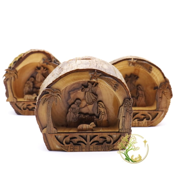 Nativity Scene Carved on a Slice Of an Olive Tree Branch | Small Holy Nativity Set | Best Christmas Gift