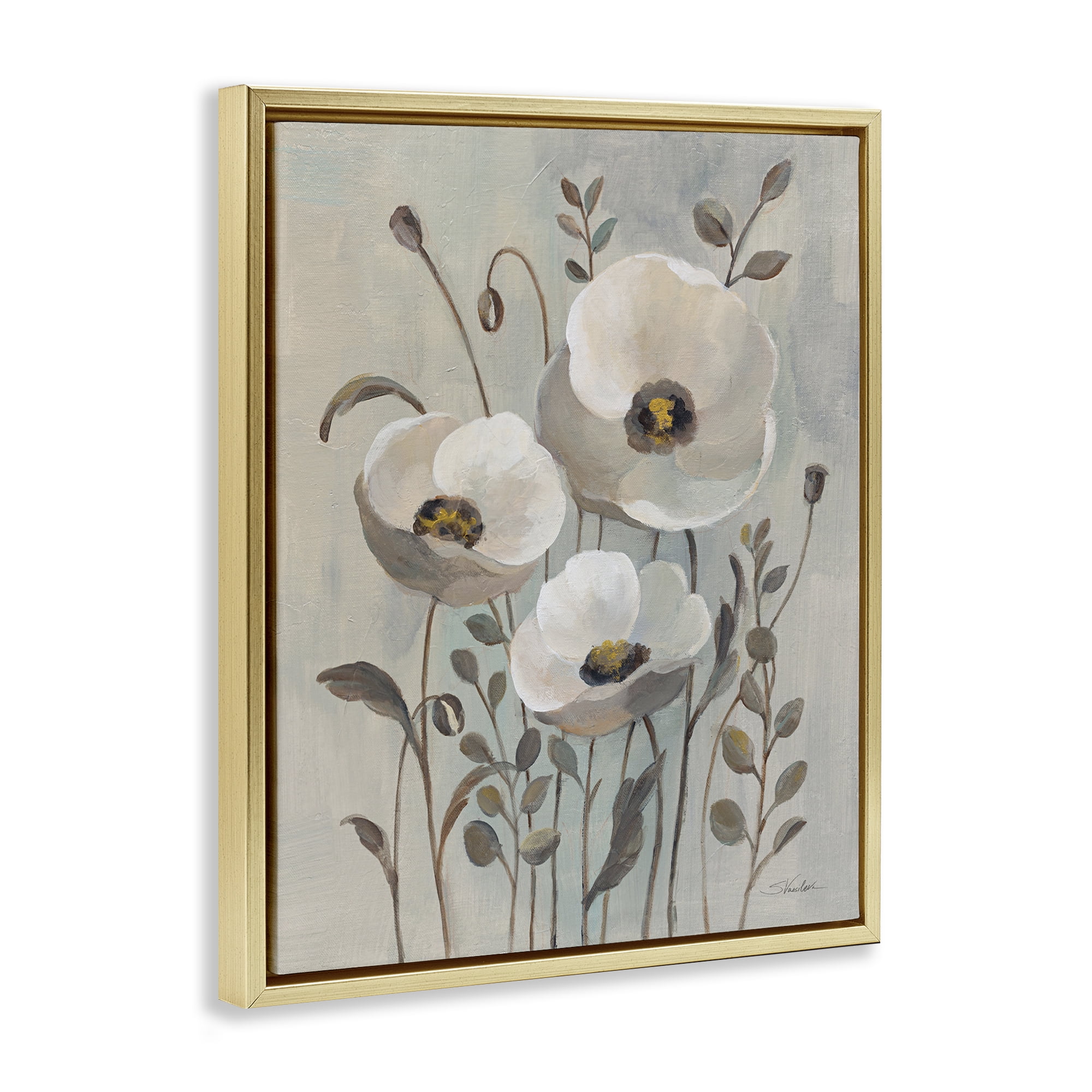Stupell Industries Neutral Poppies Trio Plants & Flowers Painting Gold Floater Framed Canvas Art Print Wall Art, 25 x 31
