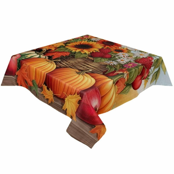 Fall Orange Pumpkins Square/Round Tablecloths 52x52,Sunflowers Leaves Thanksgiving Fruit Table Cloth Table Cover Indoor/Outdoor Tabletop Decor for Wedding Holiday Party Dinner Baby Shower