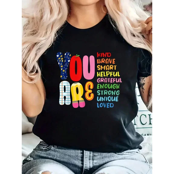 Women's Inspirational Graphic T-Shirt You Are Kind Brave Smart Positive Affirmation Short Sleeve Tee
