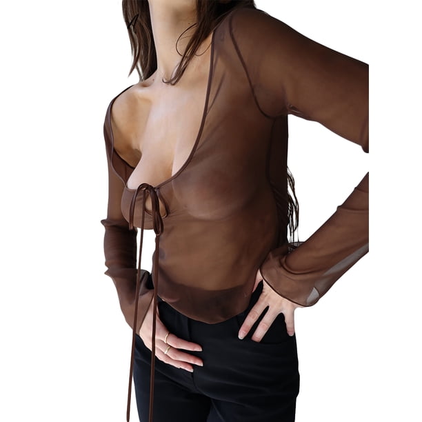 VISgogo Top corto para mujer, manga larga con cordones de corte bajo, tops transparentes sólidos para mujer para fiesta en el club VISgogo moda