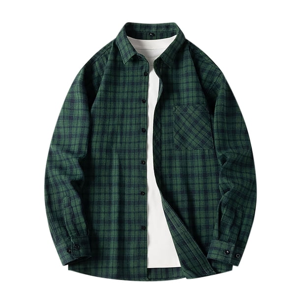 Blusa y camisa de manga larga con cuello vuelto para hombre, estilo informal, a cuadros, con bolsillos y botones, de licra