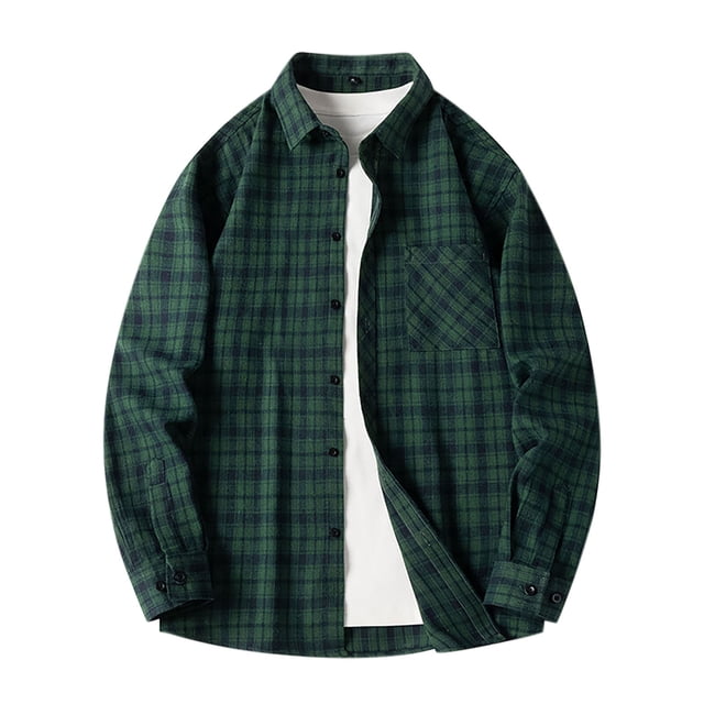 Blusa y camisa de manga larga con cuello vuelto para hombre, estilo informal, a cuadros, con bolsillos y botones, de licra