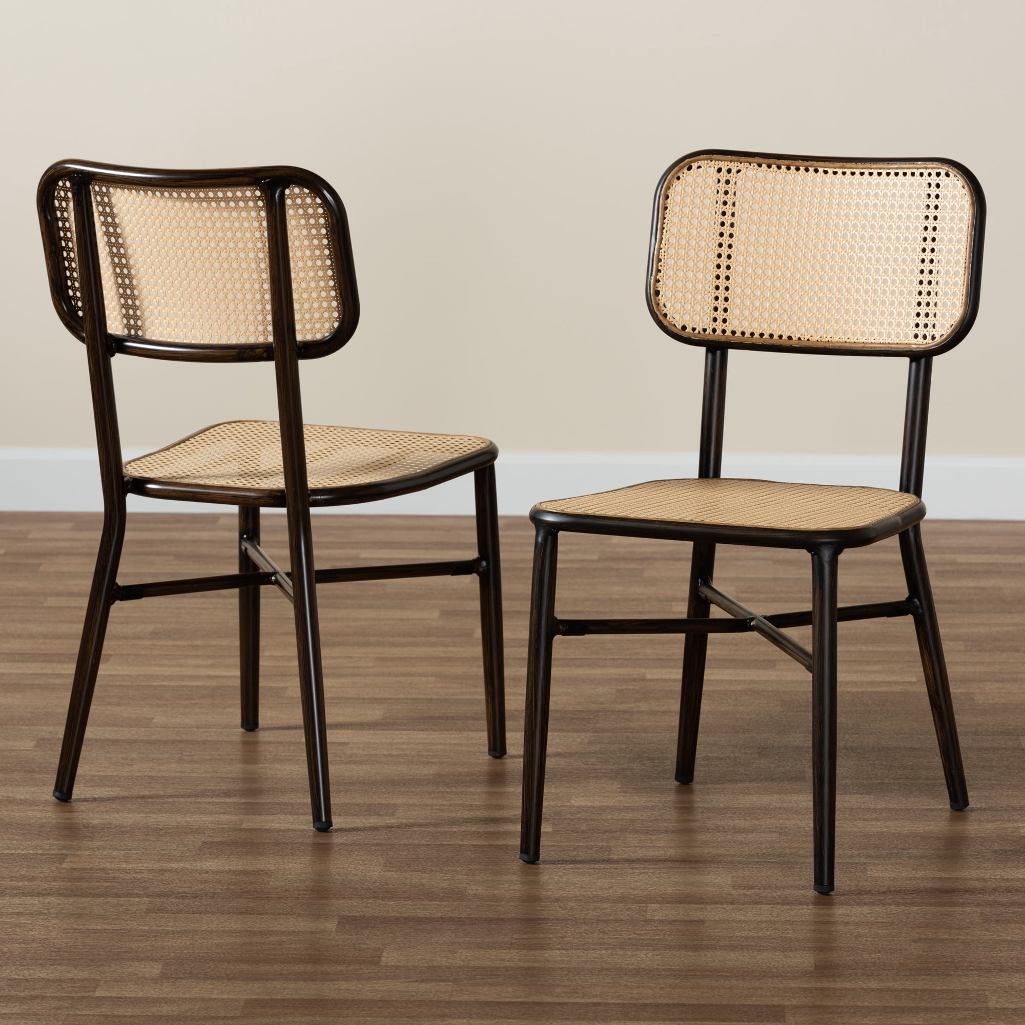 Baxton Studio Katina Mid-Century Modern Dark Brown Finished Metal and Synthetic Rattan 2-Piece Outdoor Dining Chair Set
