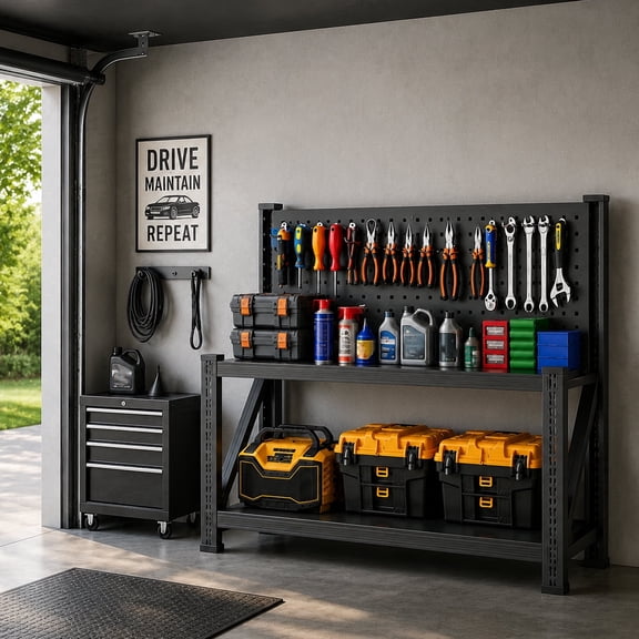 Welfiya 2000Lbs Heavy Duty Workbench With Pegboard, Steel Tool Table Adjustable 2-Tier for Garage Workshop Mechanic Storage 47.24"W×15.75"D×47.24"H