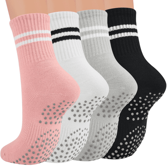 4 Pairs Grip Socks Pilates Socks for Women, NonSlip Yoga  Socks with Grips for Barre Hospital Sticky Slipper Crew Socks