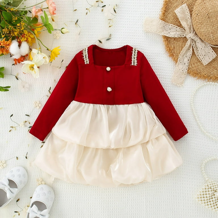 Girls Dresses Girl s Long Sleeve Tulle Ruffles Dance Party Dress Clothes Baby Dress Red 12 Months 18 Months