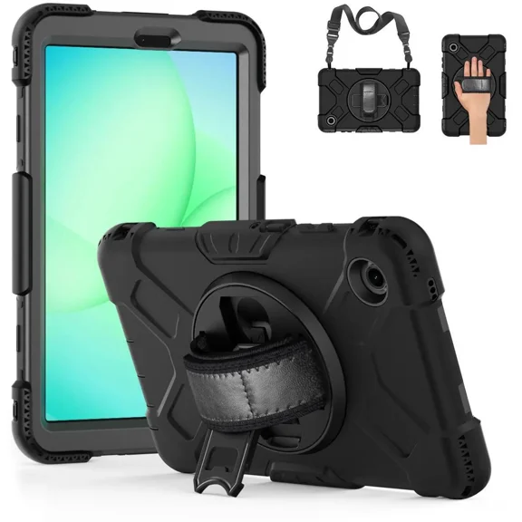 Case for for Samsung Galaxy Tab A11 8.7 Inch 2025 Model SM-X130 / X135, Shockproof Protective Cover with Pencil Holder, 360° Rotating Hand Strap & Stand, Shoulder Strap, Black