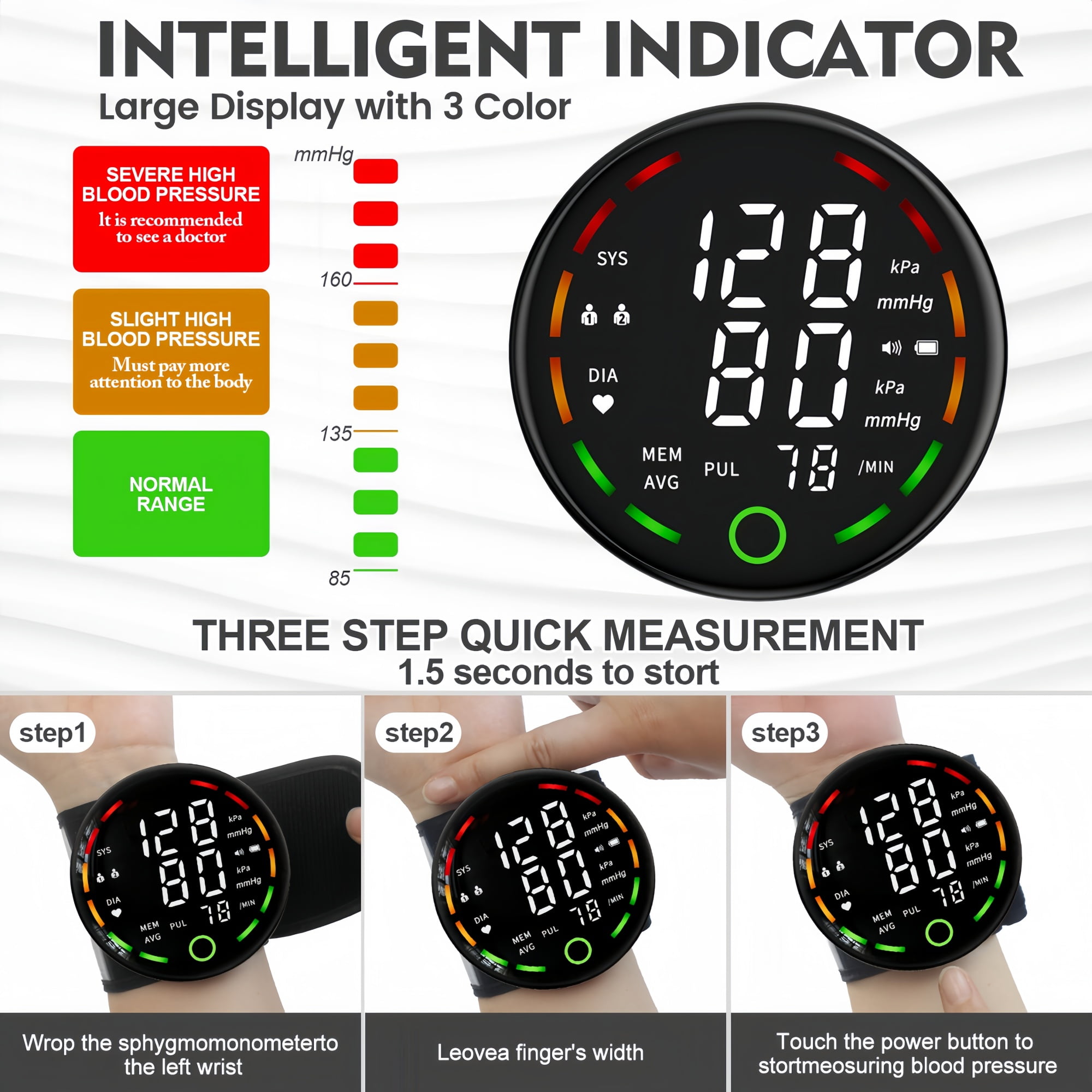 Wrist Blood Pressure Monitor with Led Touch Screen -Adjustable Wrist Blood Pressure Cuff (5.3-7.6inch)Rechargeable Wrist Bp Monitor with 99x2 Reading Memory and Carrying Case(Black)