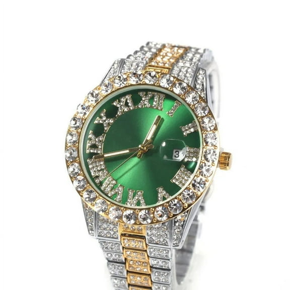 Mens Two Tone Gold Finish Solitaire Simulated Diamond Stainless Steel Iced Out Hip Hop Roman Numeral Custom Waterproof Quartz Watch 42mm