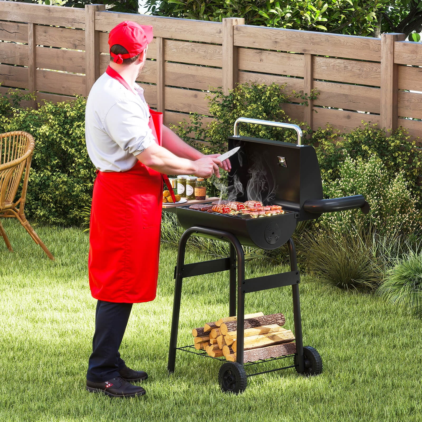 Costway Barrel Charcoal Grill with Foldable Side Table Built-in Thermometer & Storage Shelf