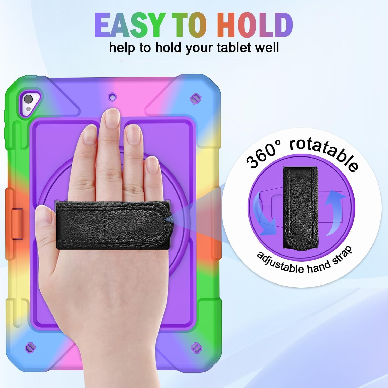 SUPNICE Rugged Case for iPad 9.7 Inch 2018/2017, 3 Layer Hybrid Shockproof [360 Rotating Stand] [Hand Strap] [Pencil Holder] Kids Case, iPad 6th Generation Case, iPad 5th Generation Case, Purple