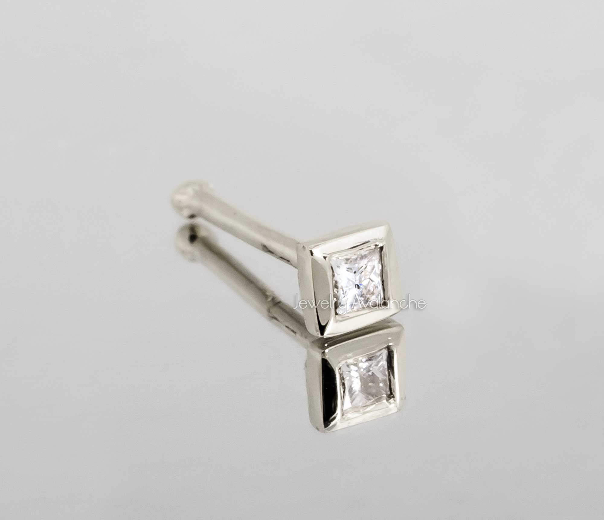 22G 14K White Gold Bone-end Nose Stud Bezel Set 0.035ct Princess Cut Diamond - April Birthstone Nose Ring - NSBNWG_PWD15