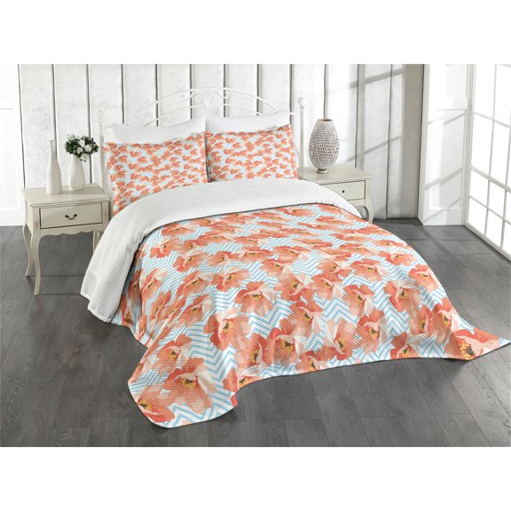 Ambesonne Coral Quilted Bedspread Set 3 Pcs, Romantic Poppy Flowers, Queen Size, Coral Pale Blue Yellow
