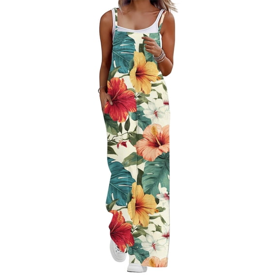 adaychics Boho Jumpsuit for Women Floral Sleeveless Boho Wide Leg Overalls Fashion Rompers with Pockets Everyday Wear