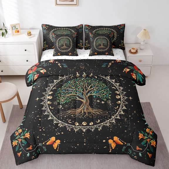 Tree of Life Bed in a Bag Queen Comforter Set 7 Piece,Butterfly Bedding Sets Sun and Moon Sheet Set with Comforter Botanical Flowers Exotic Bohemian Decor