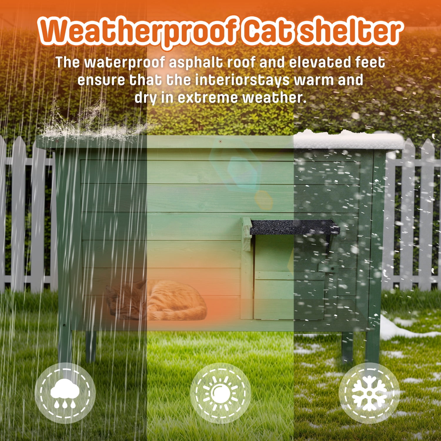 Outdoor Cat House Insulated for Multiple Cats, Weatherproof Large Wooden Pet House, Feral Cat Shelter, Foldable Ladder and Acrylic Side Window, Dark Green
