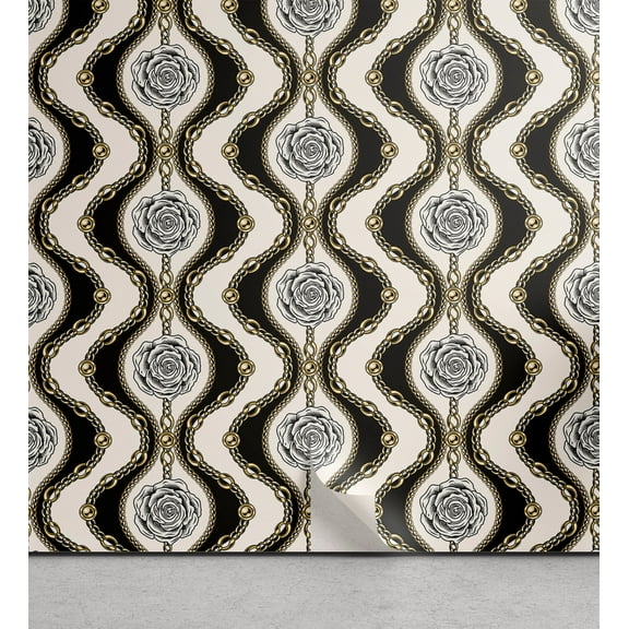 Ambesonne Vintage Peel & Stick Wallpaper for Home, Abstract Roses Wavy Retro, 13"x36", Charcoal Grey and Mustard