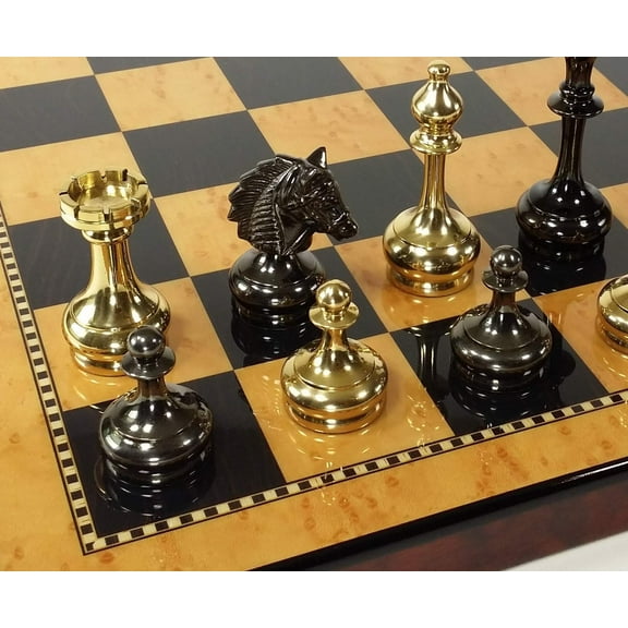 Real Brass Metal Black Gold Staunton Bridled Knight Chess Set Walnut Color Board