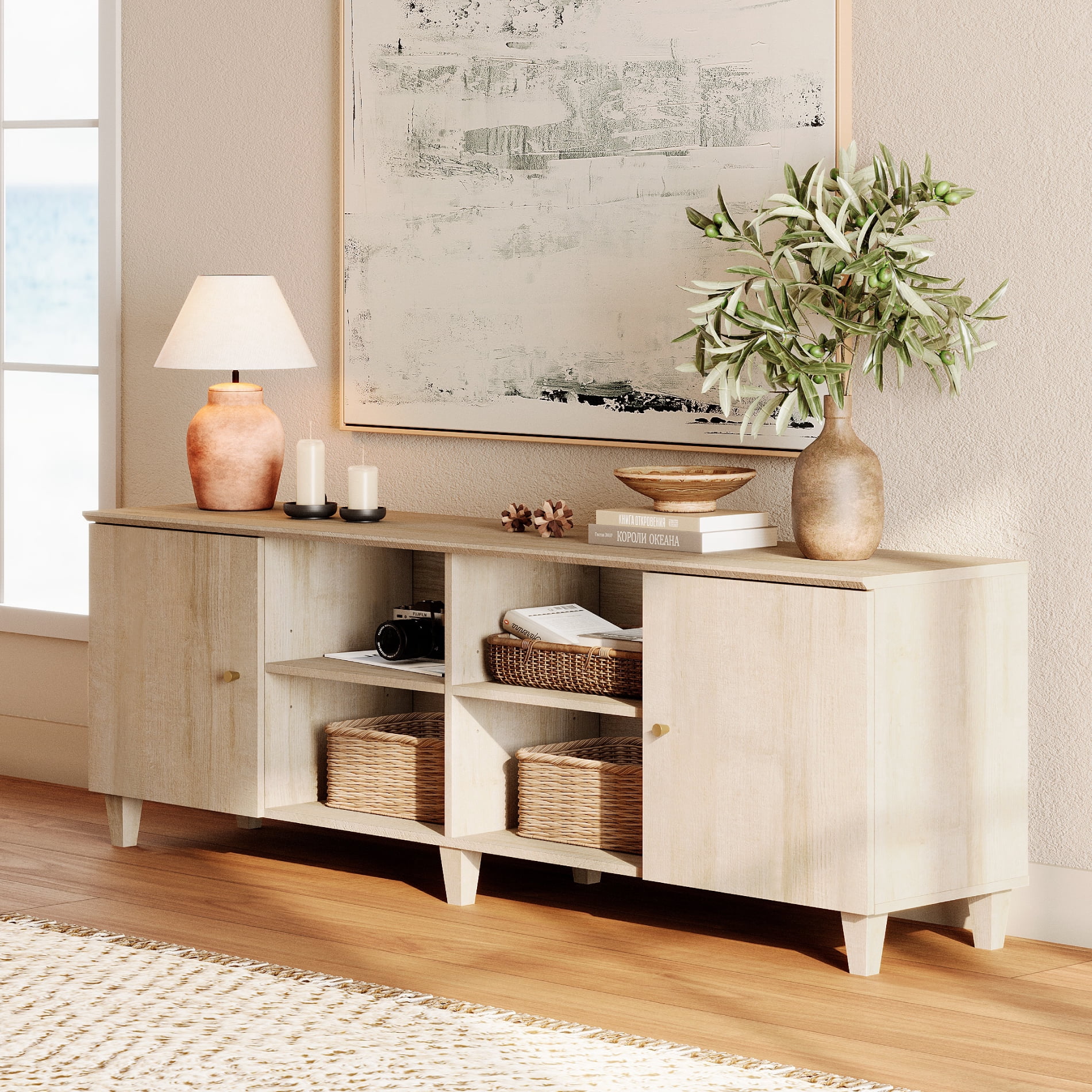 71" Wide TV Stand Cabinet for 75+ Inches TVs, Modern Wood Low Media Console with Door & Shelves, White Oak