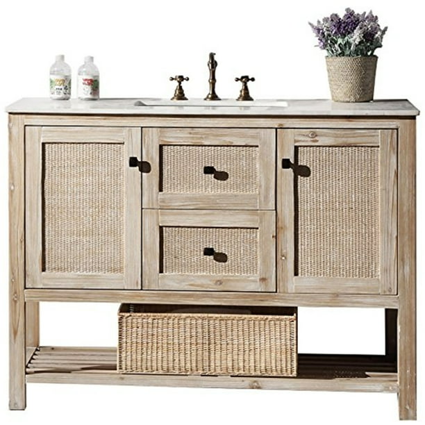 48" SOLID WOOD SINK VANITY WITH MARBLE TOPNO FAUCETColorWhite Wash