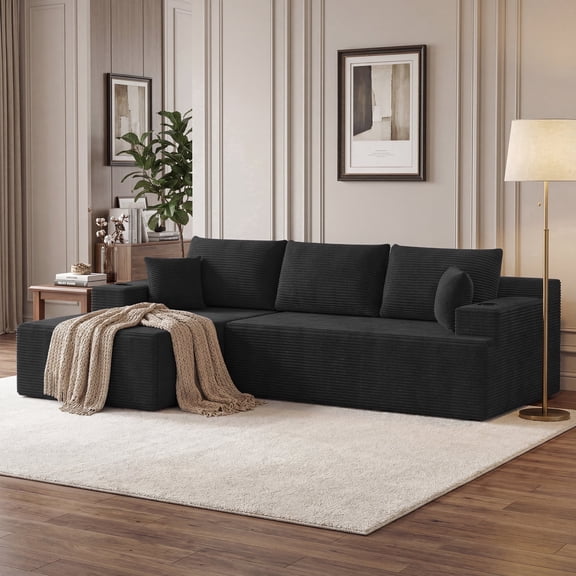 BelvaraHome 105" Black Corduroy Modular Sectional Sofa, L-Shaped 2-Piece with Cup Holders, No Assembly Required